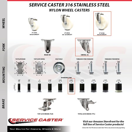 Service Caster 5 Inch 316SS Nylon Wheel Swivel 1-3/8 Inch Expanding Stem Caster SCC-SS316EX20S514-NYS-138